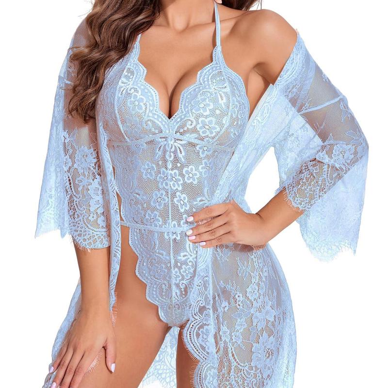 Avidlove Women Hot Lingerie Set 2 Piece Lace Kimono Robe with Womenswear Lace Lingerie Bodysuit